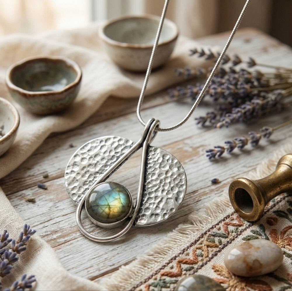 S925 Boho Chic Labradorite Pendant Necklace  Handmade Silver Gemstone Jewelry